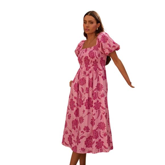 Sugarlips Dresses & Skirts - Pink Floral Smocked Midi Dress Puff Sleeve Square Neck A-Line Summer Sz XS - NWT